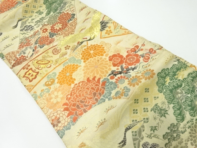 JAPANESE KIMONO / ANTIQUE NAGOYA OBI / WOVEN FLOWER & BIRD